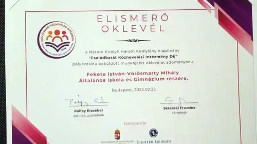 Elismerő oklevelet nyert az ajkai Fekete-Vörösmarty iskola a Családbarát Köznevelési Intézmény Díj pályázatán