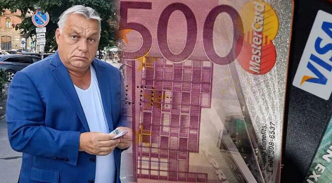 500 eurós bankjegy és bankkártyák kompozíciója kék öltönyös politikussal