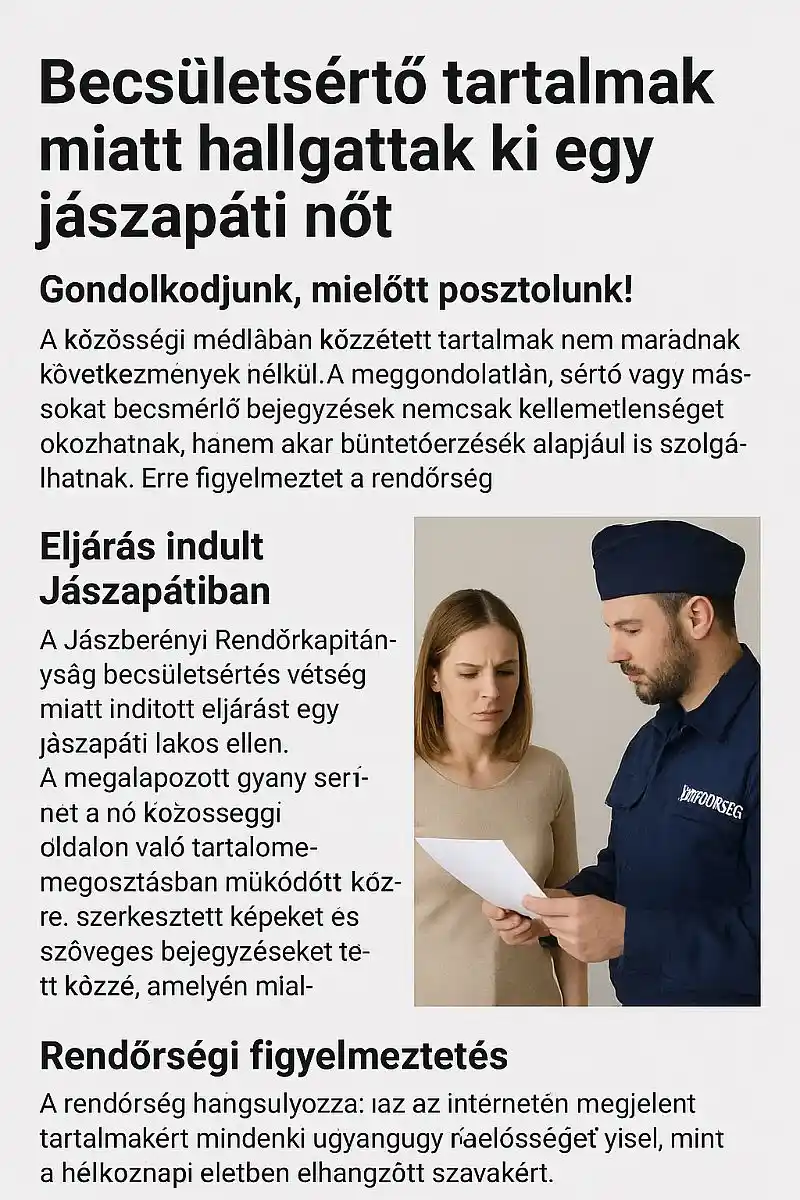 Becsületsértő tartalmak miatt hallgattak ki egy jászapáti nőt